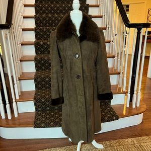 Deep army green leather shearling coat